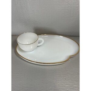 Vintage Federal Glass Milk Glass Snack Set Cloud Shape Gold Trim 2pc